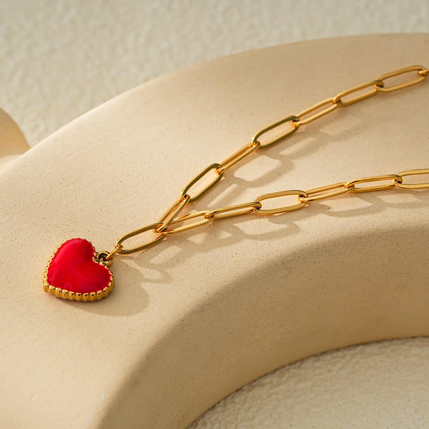 HEART ROUGE Gold: Paper Clip Chain Anchoring an Enameled Red Heart Charm - Image 8
