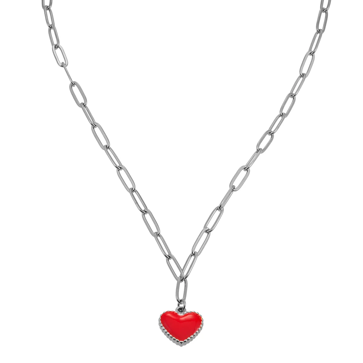 Style HEART ROUGE Silver (White Gold): Paper Clip Chain Anchoring an Enameled Red Heart Charm - Image 2