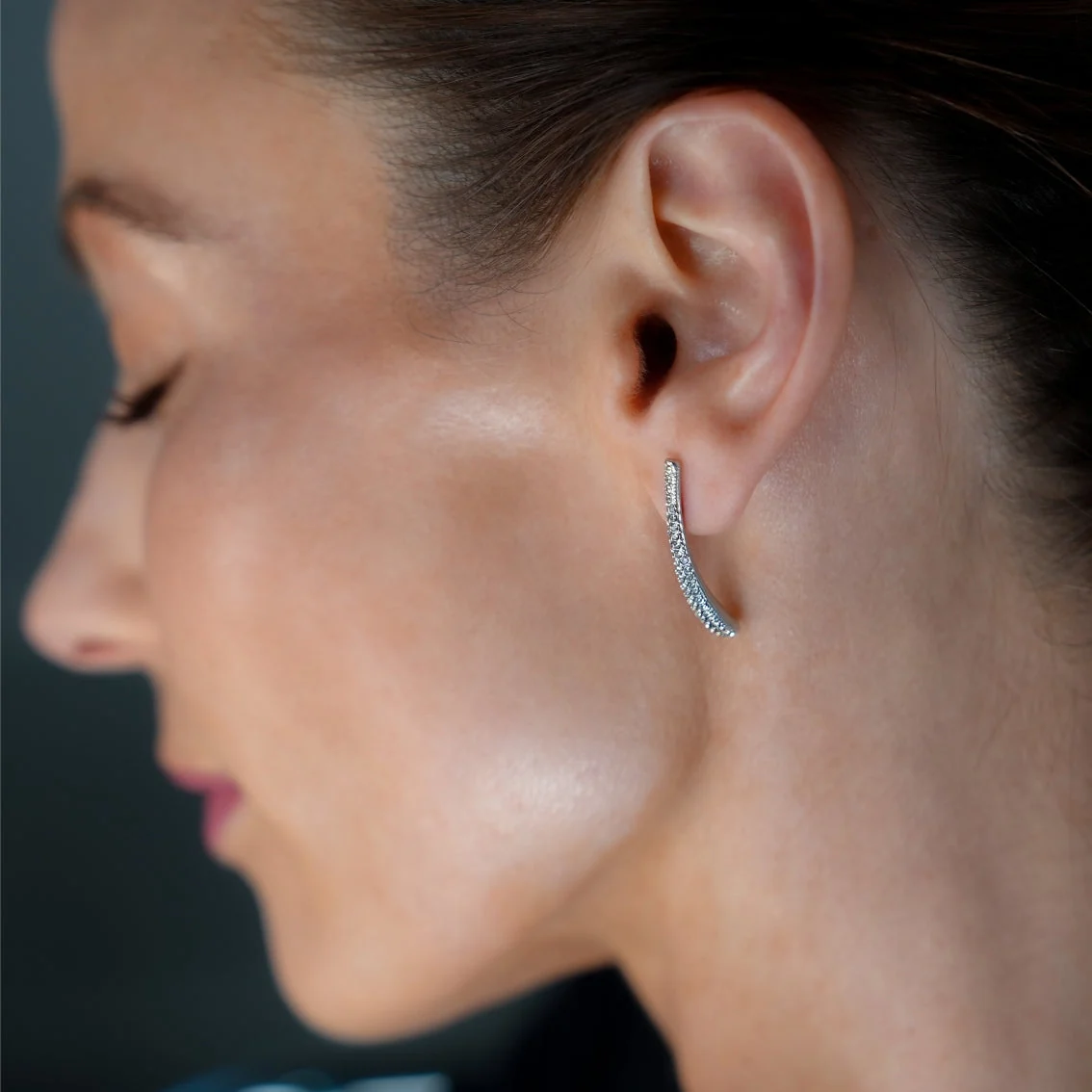 Style HILO: Curved Pavé Zirconia Shaped Stud Earrings in Silver - Image 2