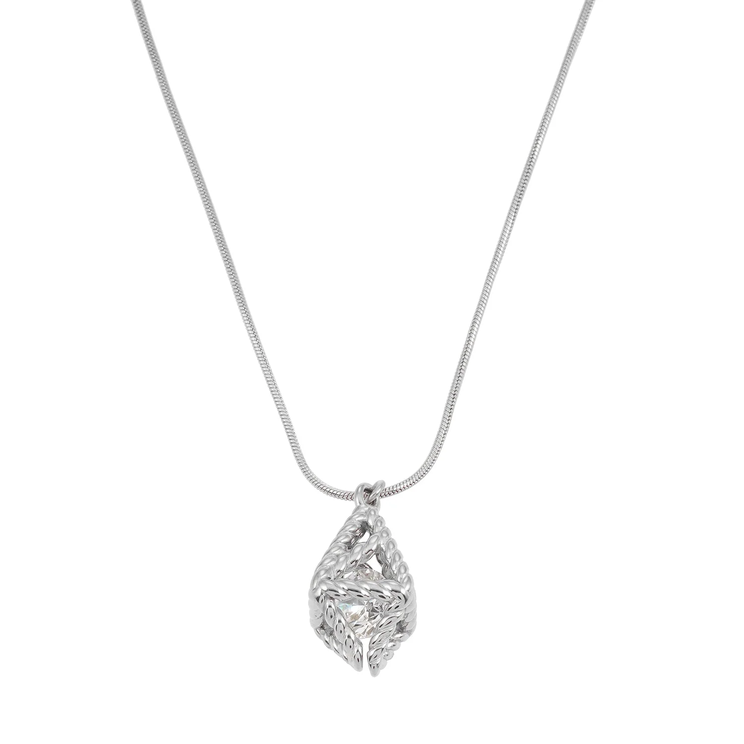 Style KARJAT: Silver (White Gold) Chain Necklace with Geometric Caged Zirconia Pendant - Image 2
