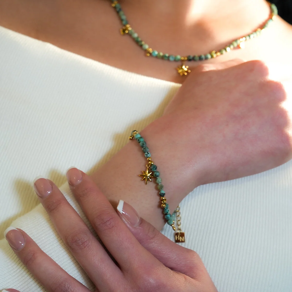 Style KAVYA: Blue Turquoise Stones with Gold Beads & Charms Chain Bracelet - Image 11