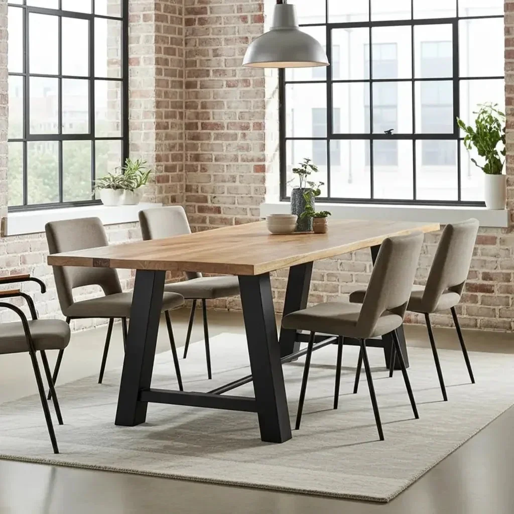 Table à diner industrielle style Établie patte en acier noir mat avec plateau en Bois de Manguier - Image 2