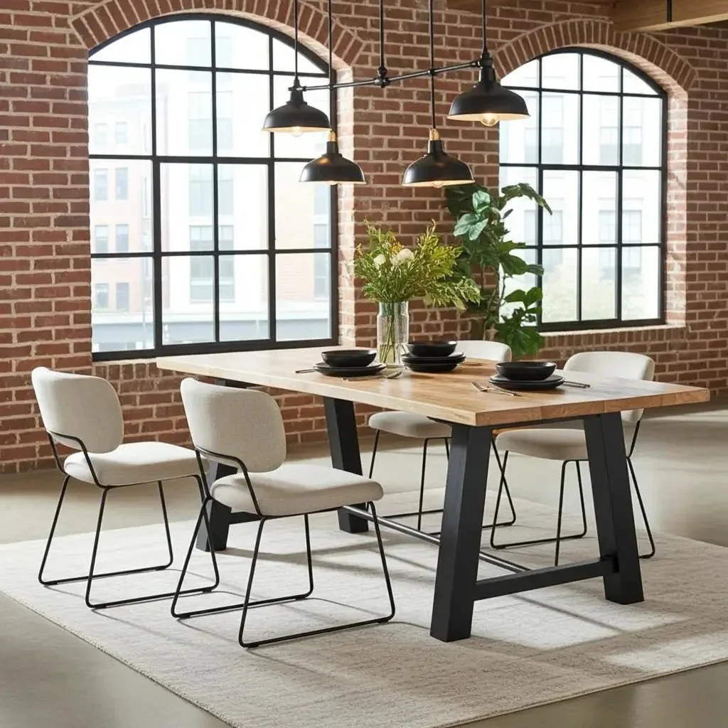 Table à diner industrielle style Établie patte en acier noir mat avec plateau en Bois de Manguier - Image 3