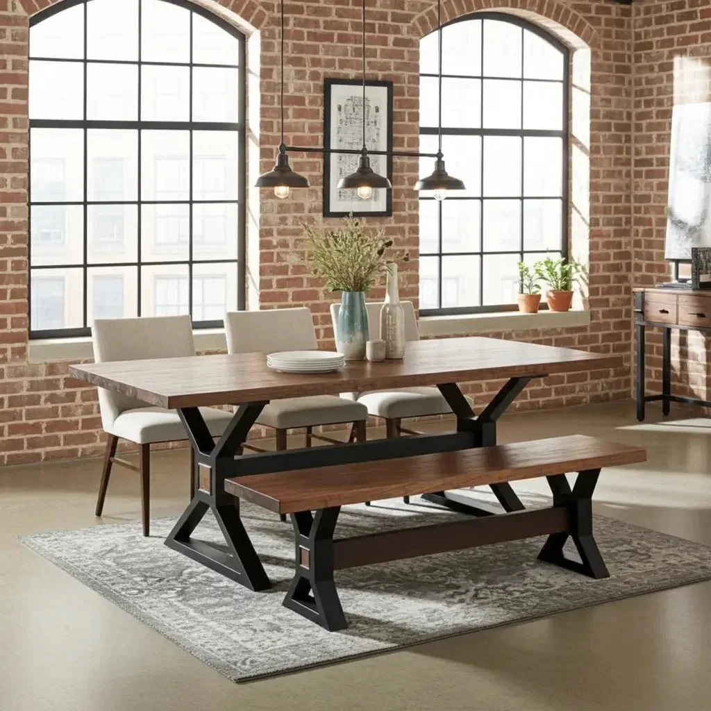 Table à diner patte en X noir mat avec plateau en Acacia Brun et 1 Banc patte en X noir mat en bois d'acacia brun - Image 3
