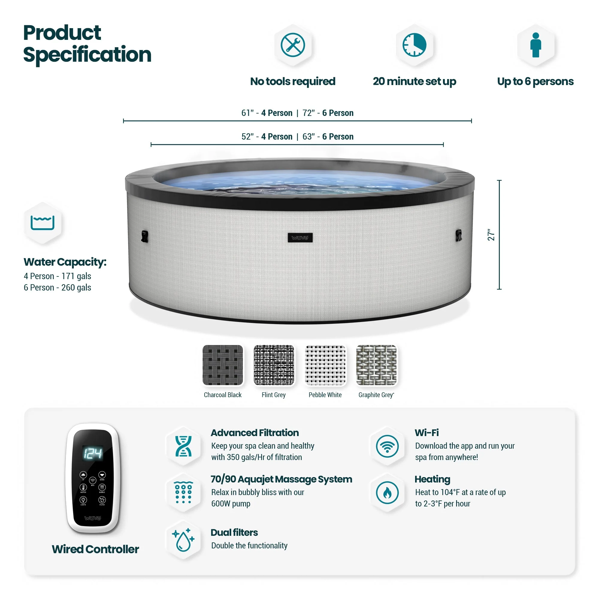 Wave | Tahoe | 4/6-Person Eco Foam Hot Tub | Round | Built-In Integrated Heater - Image 10