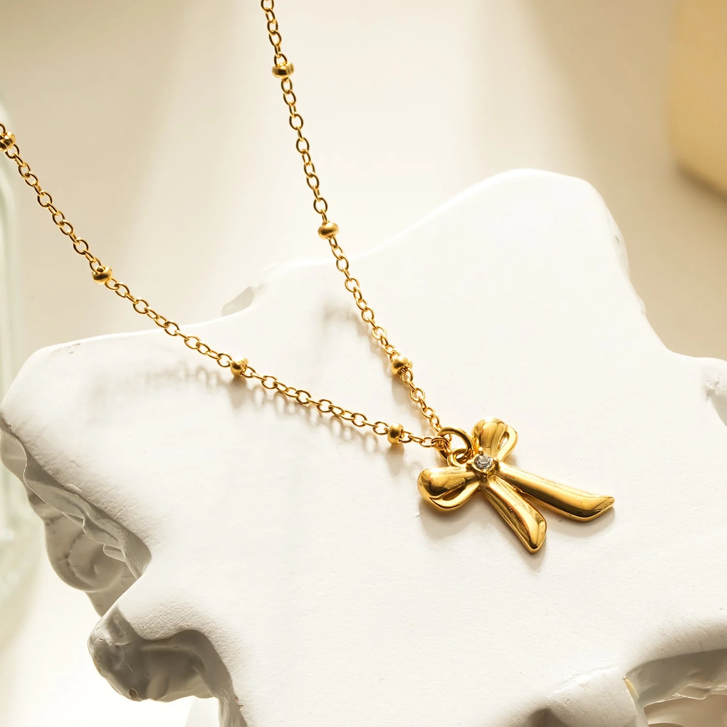 TALIANA Gold: Dainty Beaded Chain Necklace with Bow Pendant & Solitaire Zirconia – Elegant Everyday Jewelry