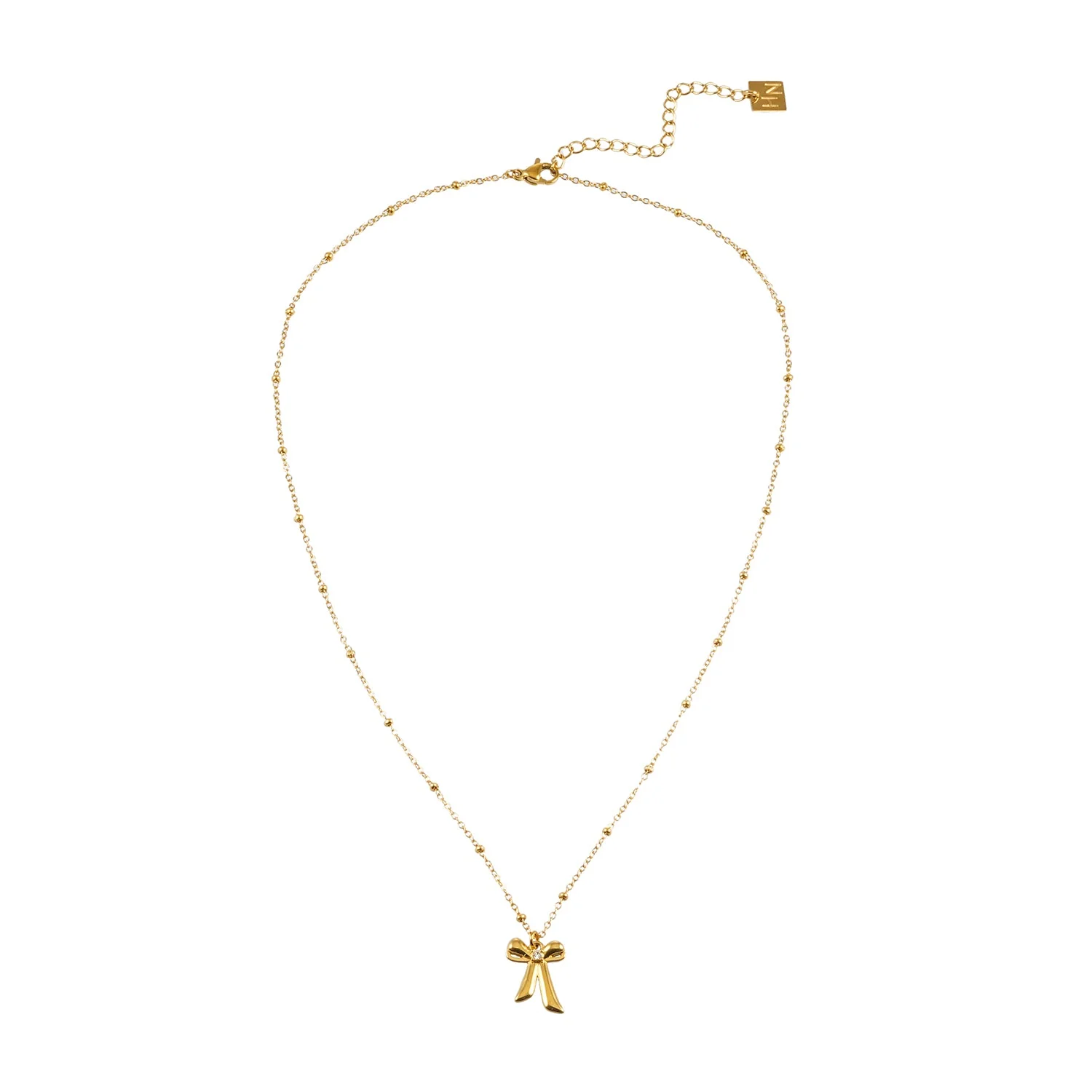 TALIANA Gold: Dainty Beaded Chain Necklace with Bow Pendant & Solitaire Zirconia – Elegant Everyday Jewelry - Image 2