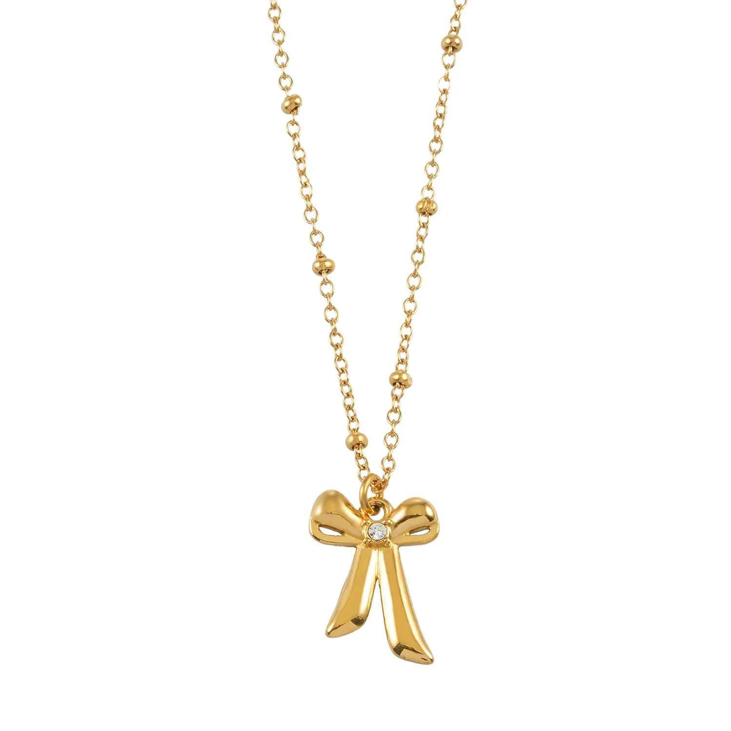 TALIANA Gold: Dainty Beaded Chain Necklace with Bow Pendant & Solitaire Zirconia – Elegant Everyday Jewelry - Image 3