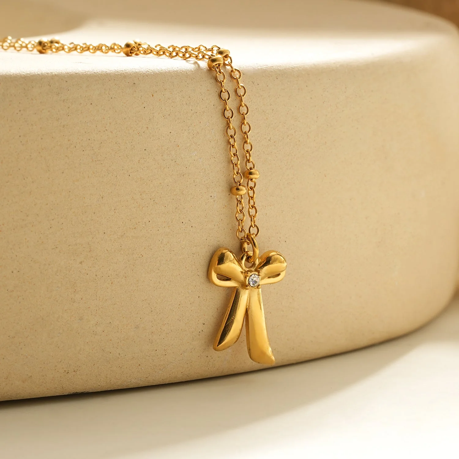 TALIANA Gold: Dainty Beaded Chain Necklace with Bow Pendant & Solitaire Zirconia – Elegant Everyday Jewelry - Image 4
