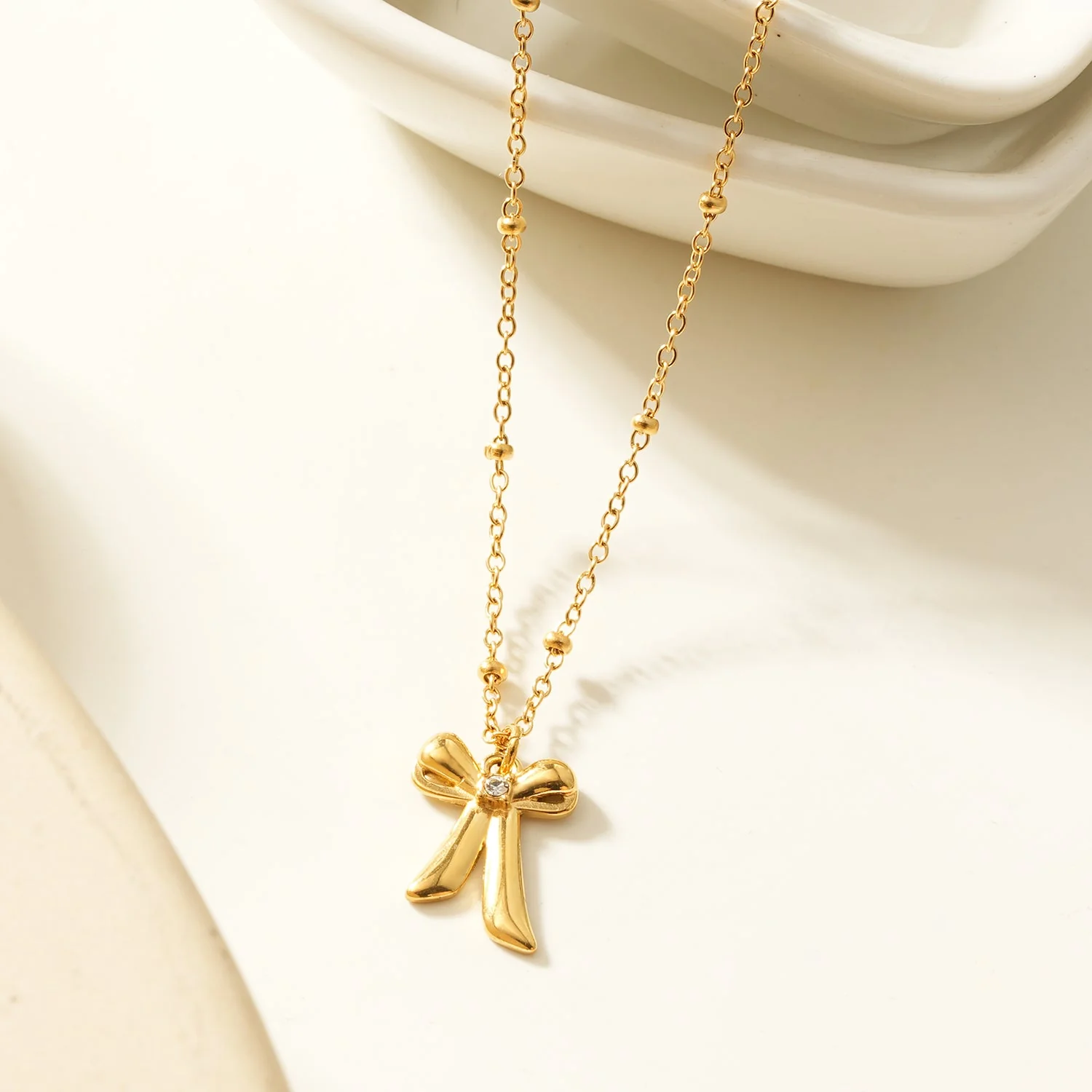 TALIANA Gold: Dainty Beaded Chain Necklace with Bow Pendant & Solitaire Zirconia – Elegant Everyday Jewelry - Image 5