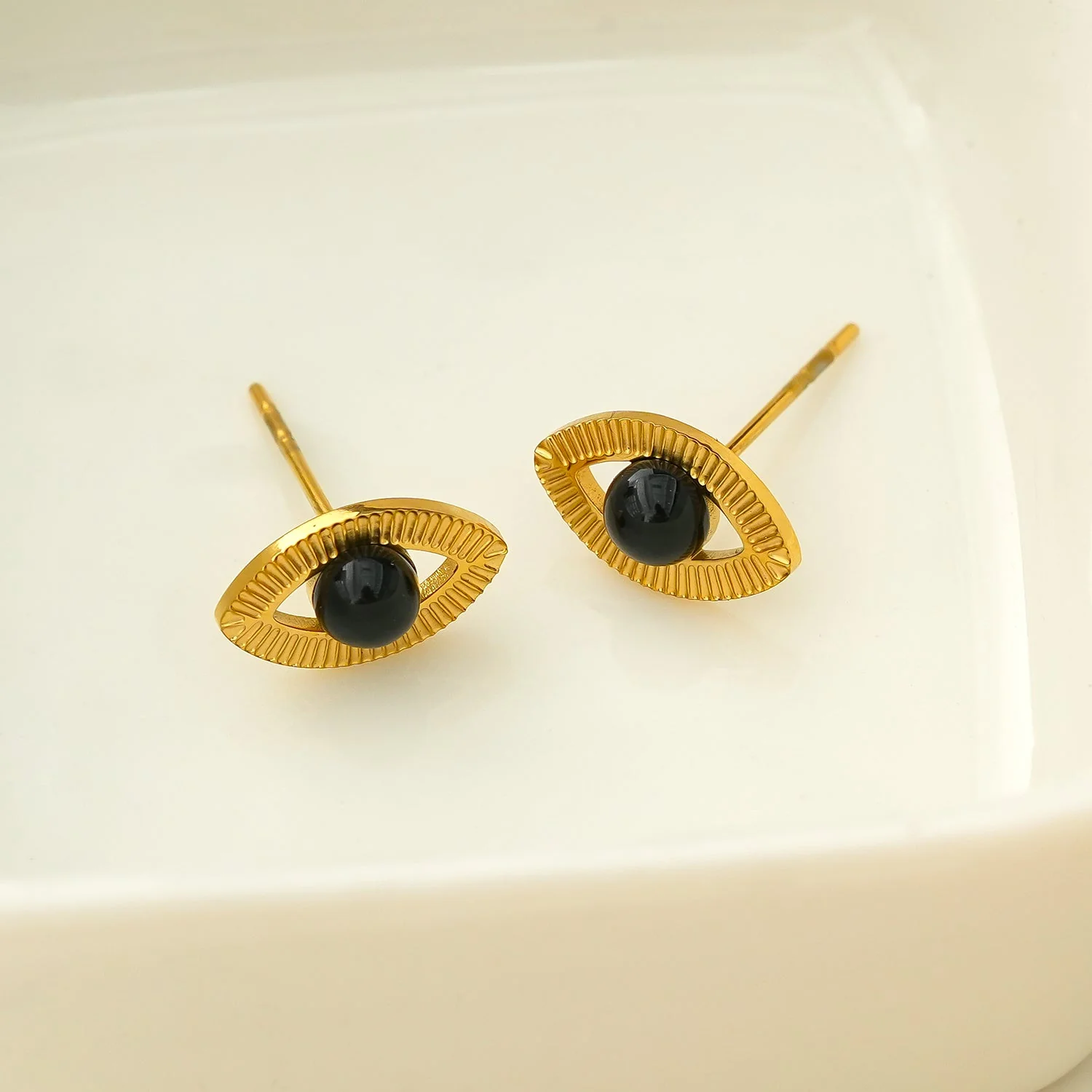TAVIRA: Gold Evil Eye Studs with Black Onyx Embellishment - Image 3