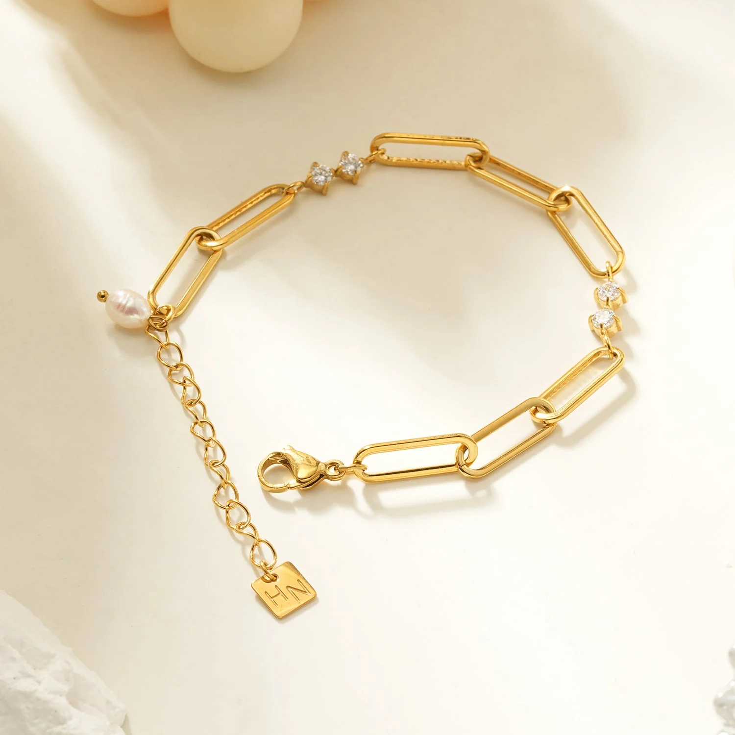 TIANINA Gold Bracelet: Paper Clip Chain with Zirconia Accents & a Freshwater Pearl Charm - Image 2