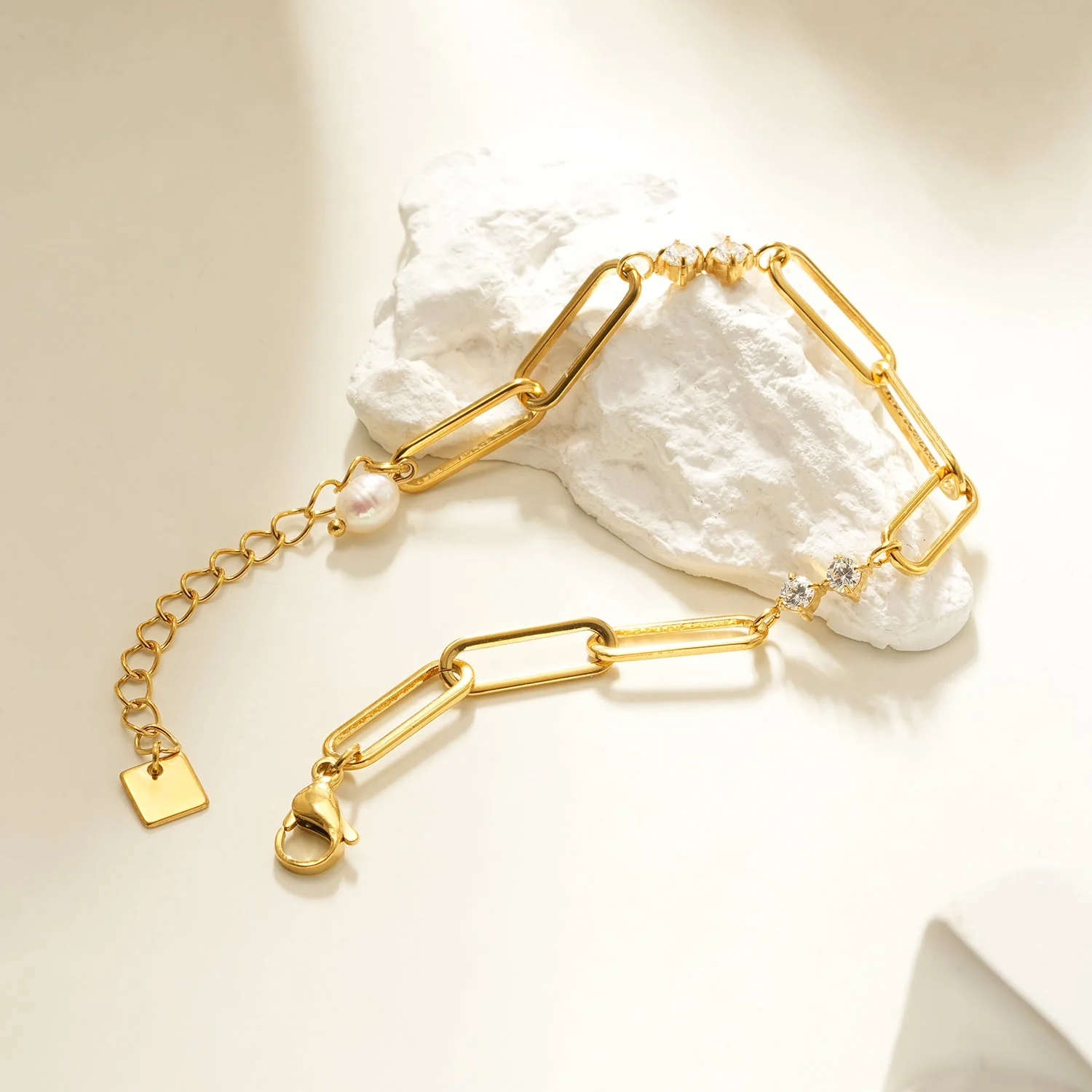 TIANINA Gold Bracelet: Paper Clip Chain with Zirconia Accents & a Freshwater Pearl Charm - Image 6