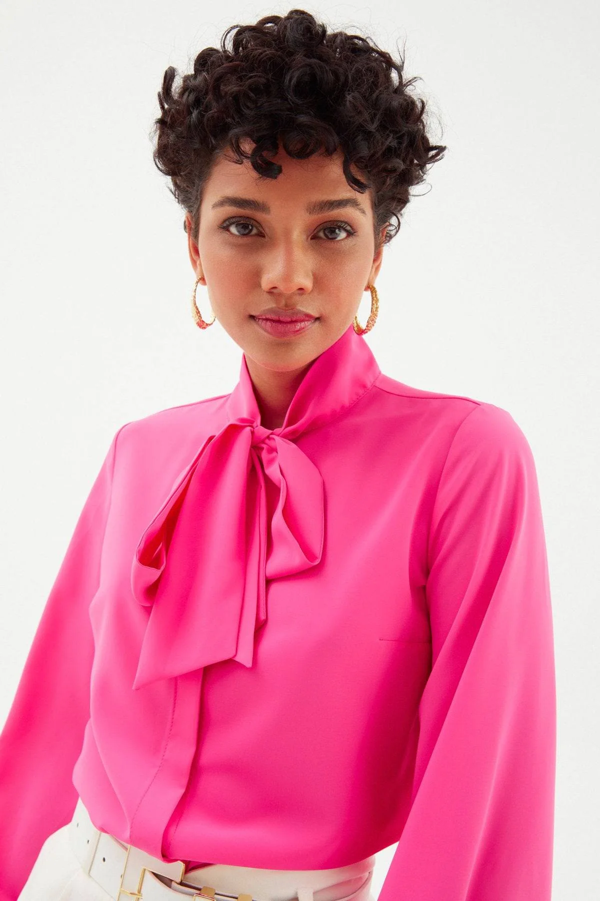Tied Collar Plain Long Sleeve Shirt - Hot Pink - Image 4