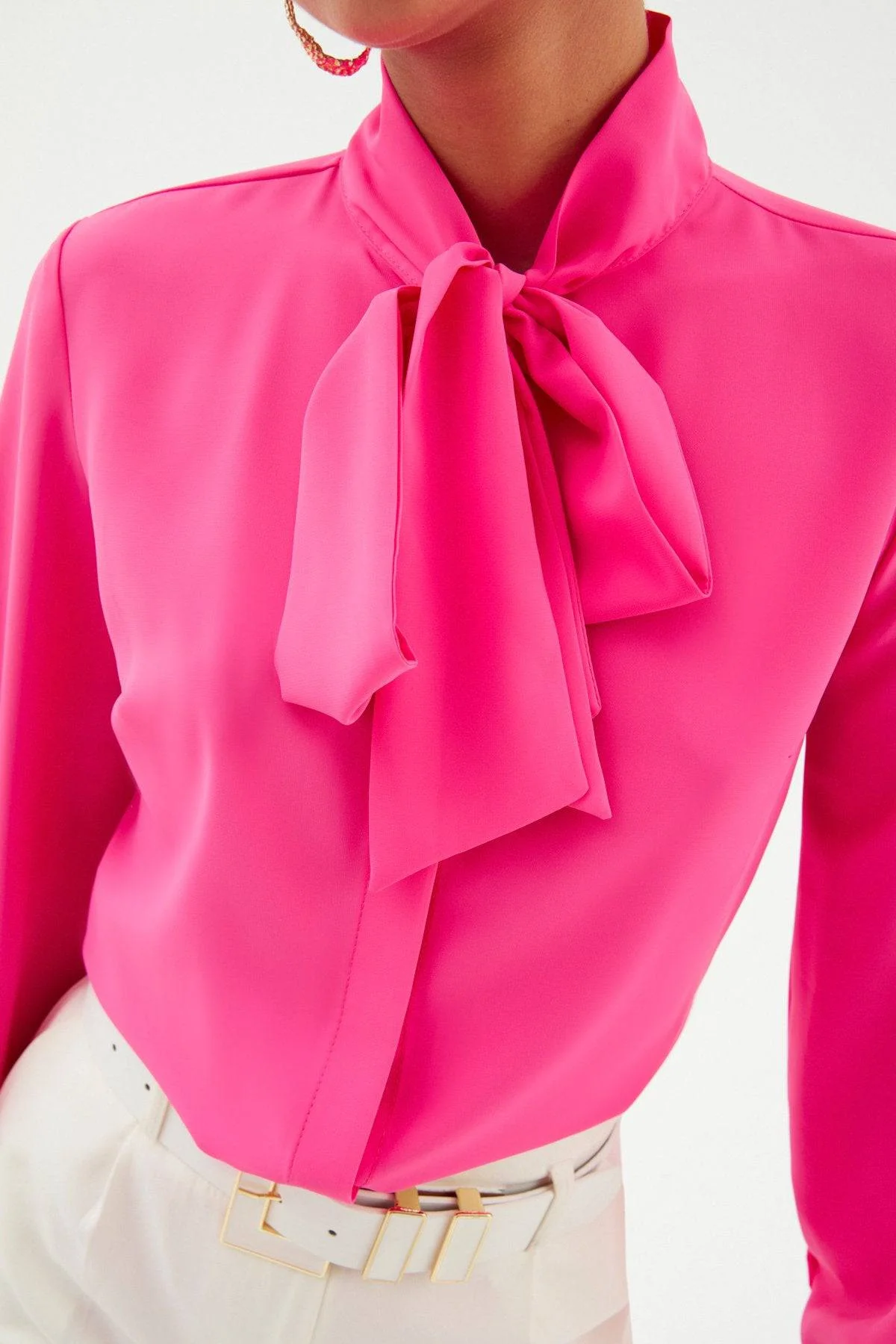 Tied Collar Plain Long Sleeve Shirt - Hot Pink - Image 5