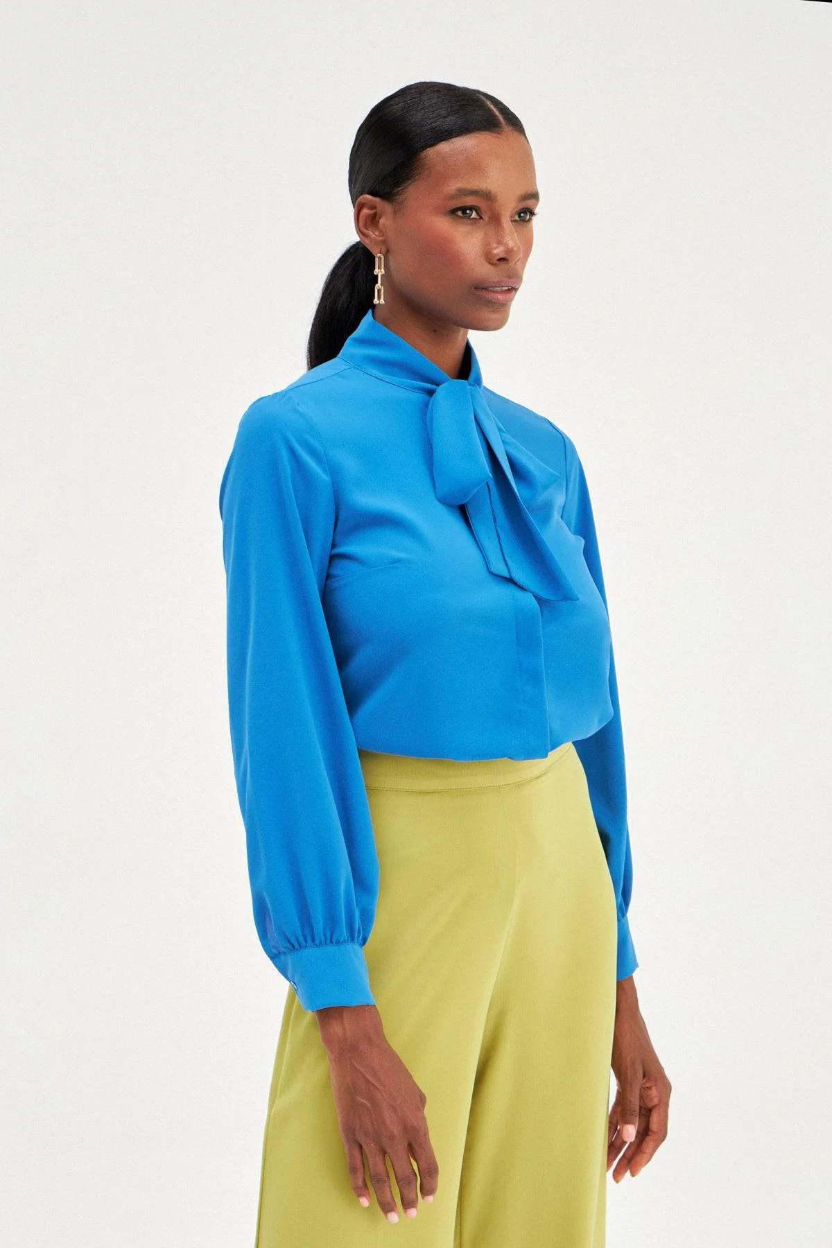 Tied Collar Plain Long Sleeve Shirt - Royal Blue - Image 2