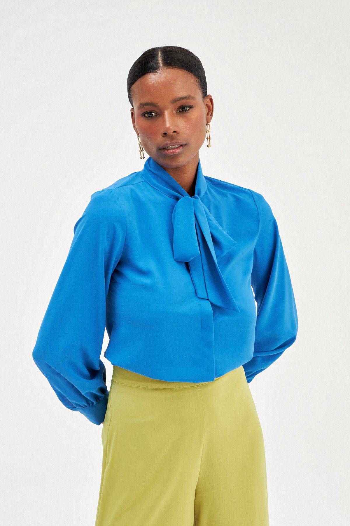 Tied Collar Plain Long Sleeve Shirt - Royal Blue - Image 3