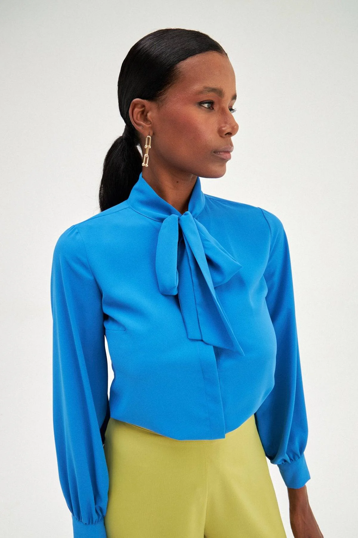 Tied Collar Plain Long Sleeve Shirt - Royal Blue - Image 4