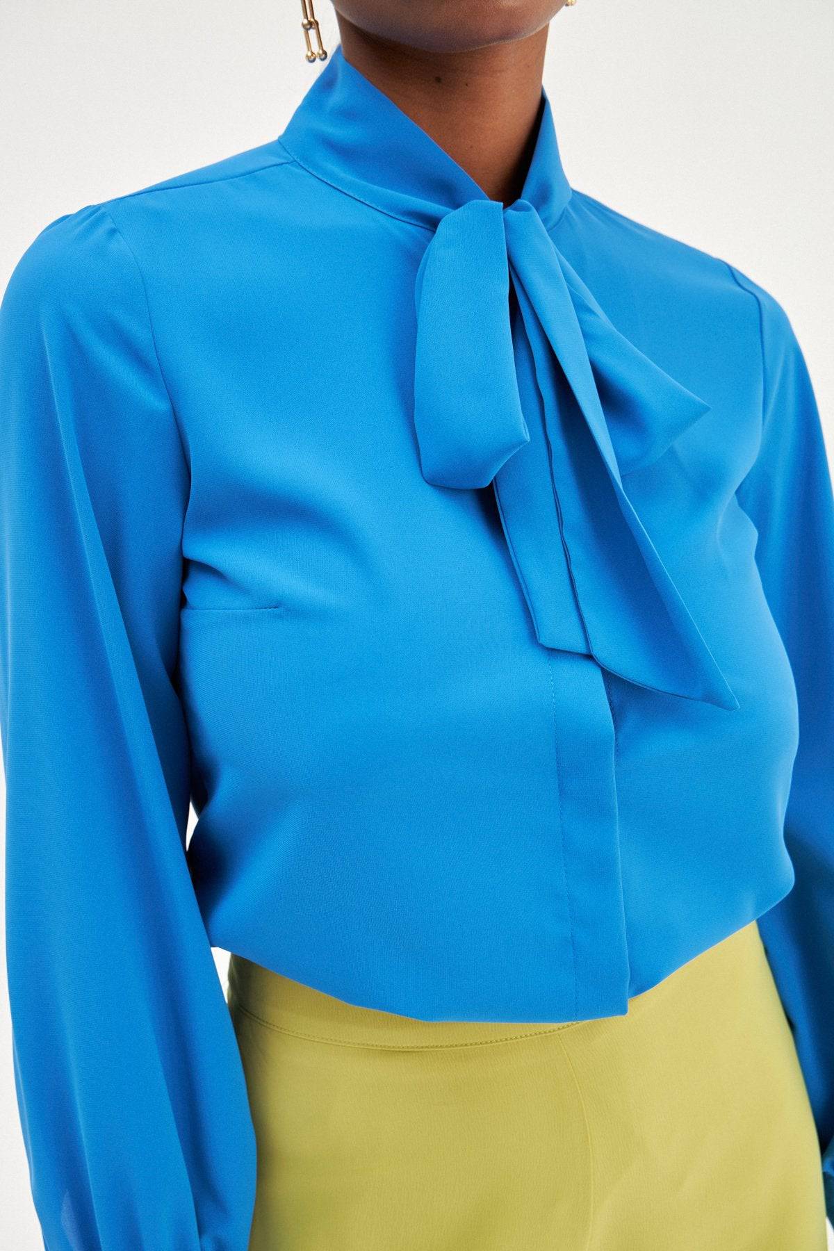 Tied Collar Plain Long Sleeve Shirt - Royal Blue - Image 5