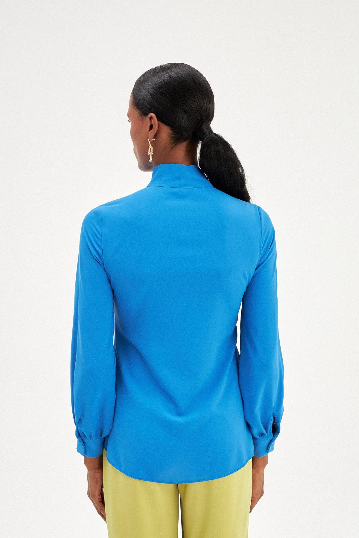 Tied Collar Plain Long Sleeve Shirt - Royal Blue - Image 6