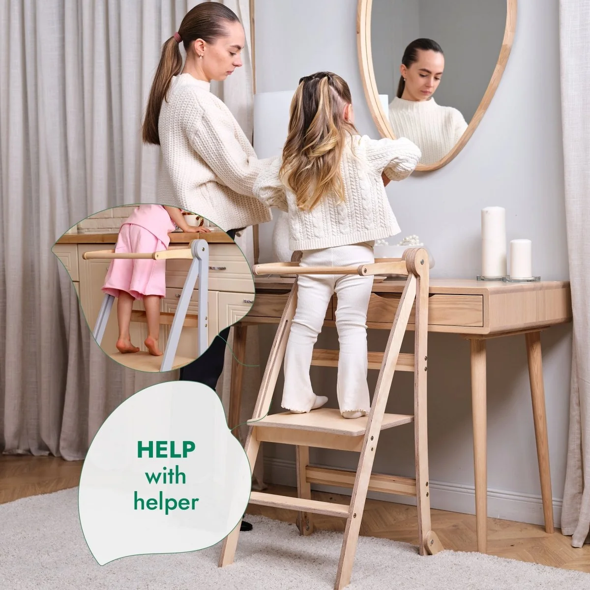 Toddler Tower: Foldable Step Stool for Toddlers - Beige - Image 6
