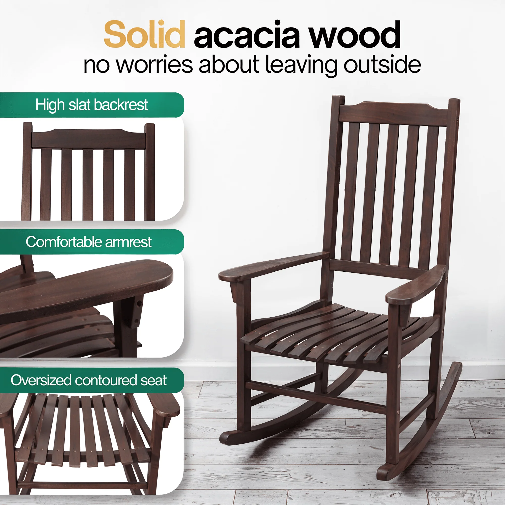 Tranquillo Oasis Wooden Rocking Chair for Patio, Porch, or Indoor Use - Image 4