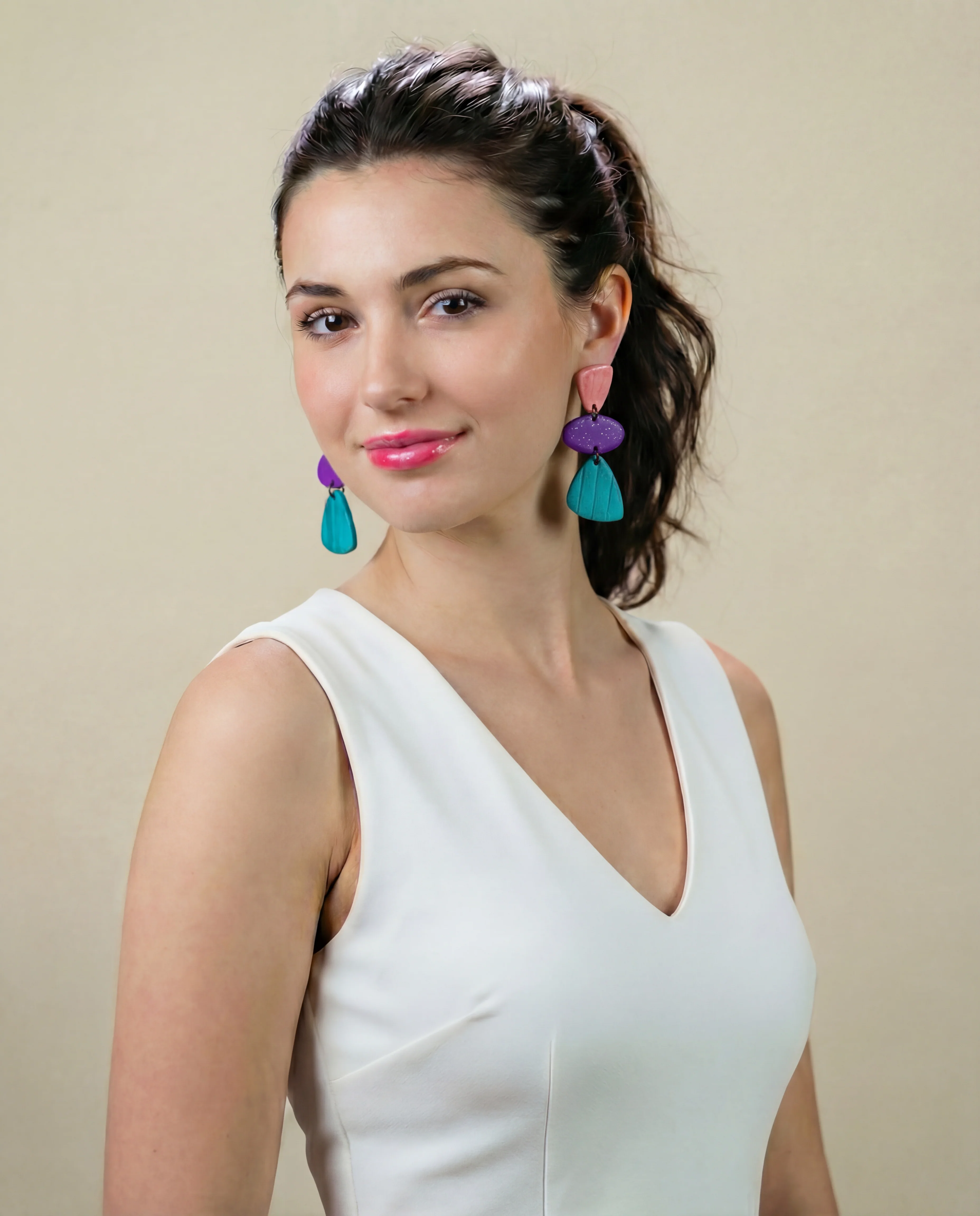 Tri Color Clip On Statement Earrings Handmade- "Amy" - Image 2