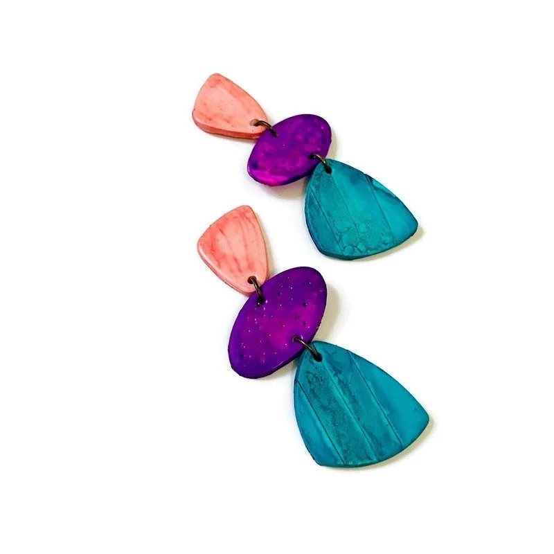 Tri Color Statement Earrings Post or Clip On- "Amy" - Image 2