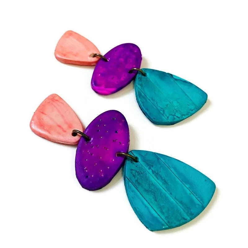 Tri Color Statement Earrings Post or Clip On- "Amy" - Image 3