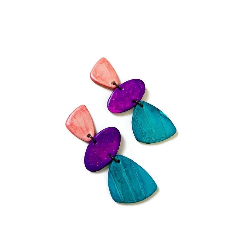 Tri Color Statement Earrings Post or Clip On- "Amy" - Image 4