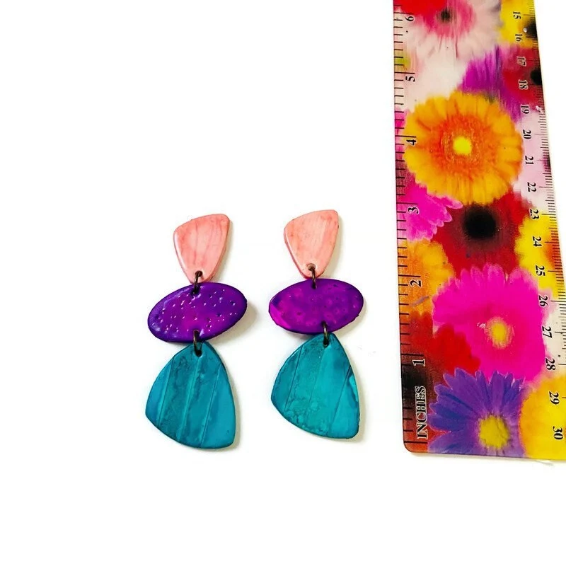 Tri Color Statement Earrings Post or Clip On- "Amy" - Image 5