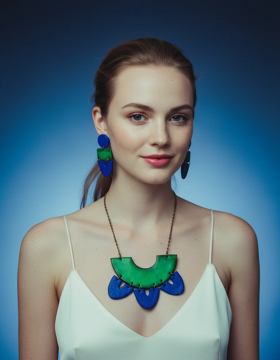 Two Tone Statement Earrings in Green Blue, Post or Clip On Handmade - Image 10