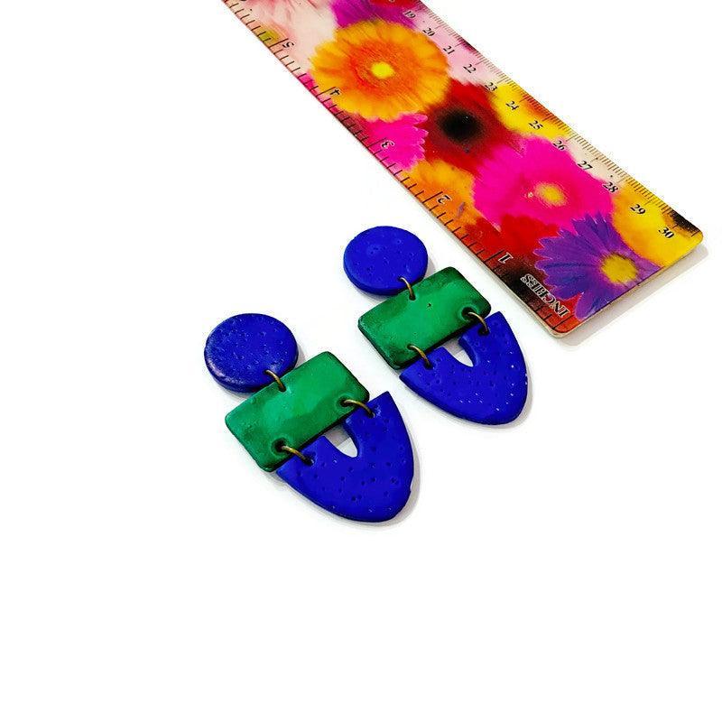 Two Tone Statement Earrings in Green Blue, Post or Clip On Handmade - Image 3