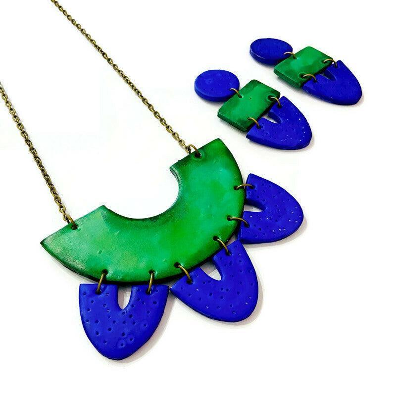 Two Tone Statement Earrings in Green Blue, Post or Clip On Handmade - Image 5
