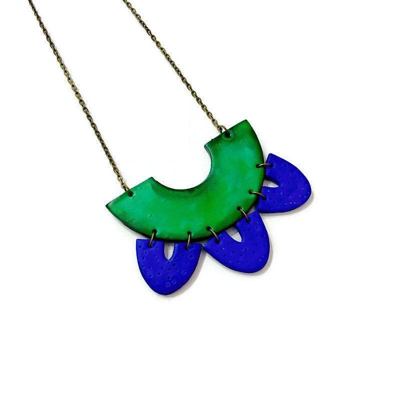 Two Tone Statement Earrings in Green Blue, Post or Clip On Handmade - Image 6