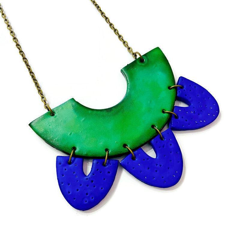 Two Tone Statement Earrings in Green Blue, Post or Clip On Handmade - Image 7