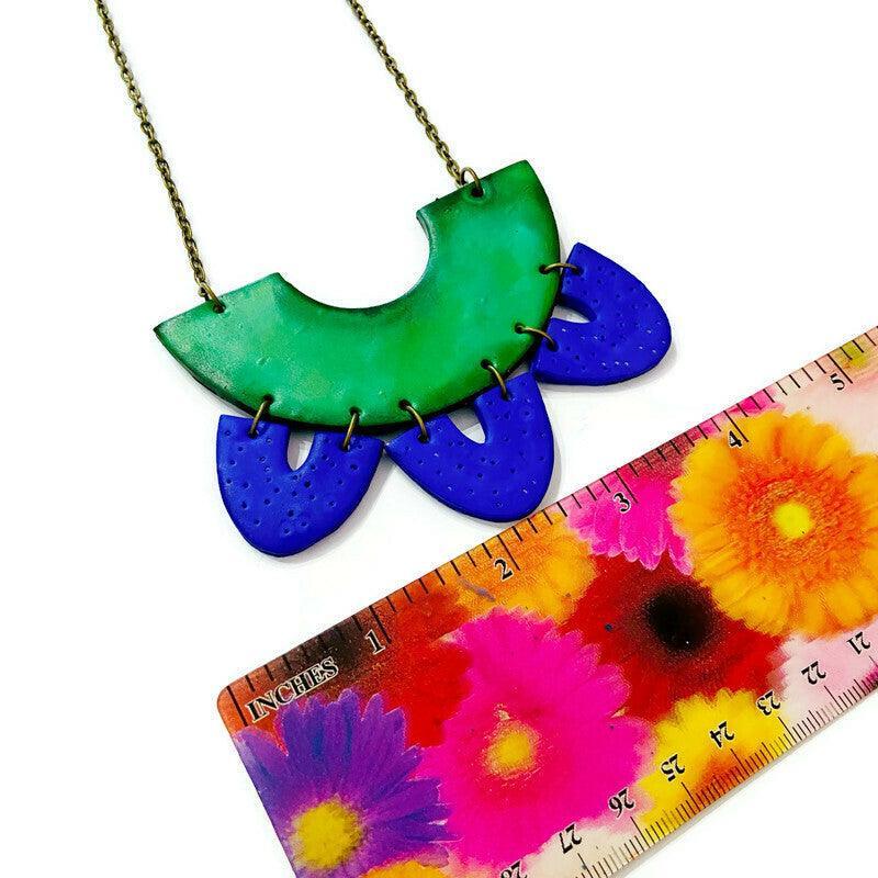 Two Tone Statement Earrings in Green Blue, Post or Clip On Handmade - Image 8