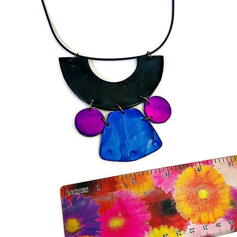 Unique Statement Necklace Handmade & Painted Blue Black Purple - Image 4