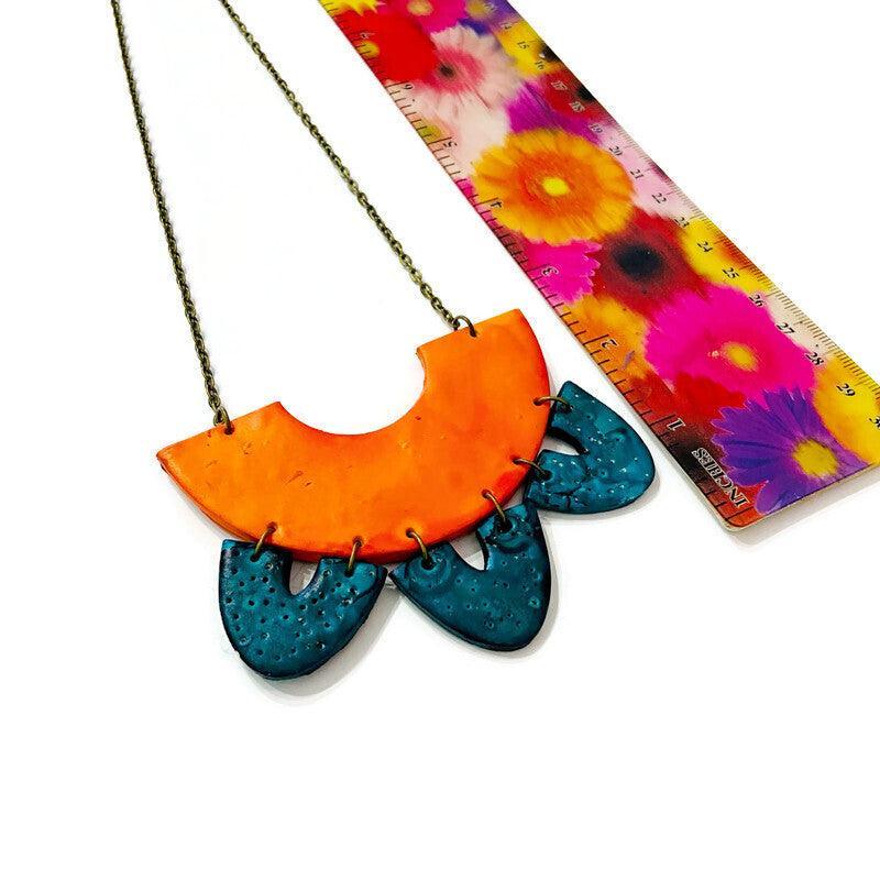 Unique Statement Necklace in Orange & Teal - Image 7