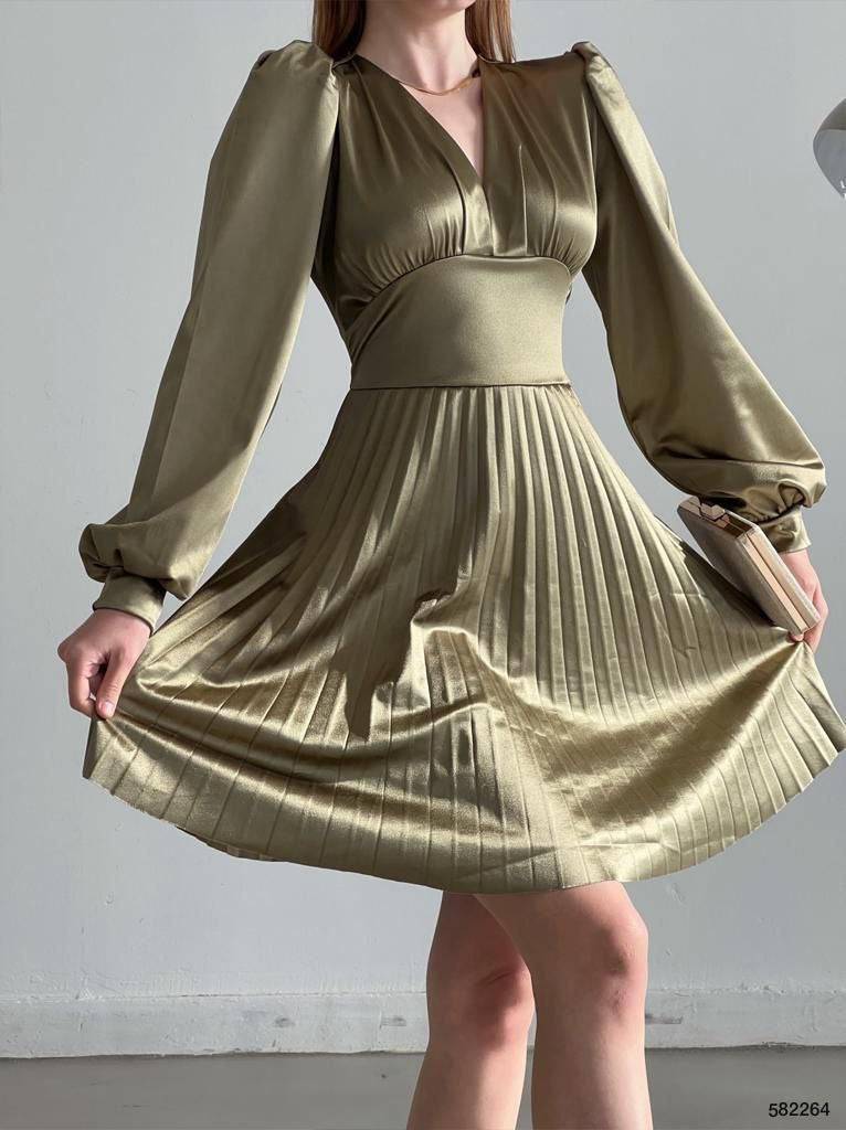 V-Neck Satin Long-Sleeve Pleated skirt Knee Length Dress - Olive Green - Image 3