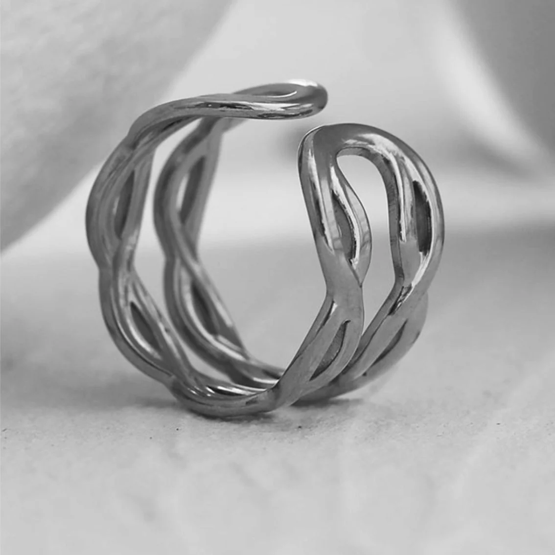 VENESSA Silver Toned White Gold:  Intertwined Repeated Pattern Adjustable Ring - Image 2