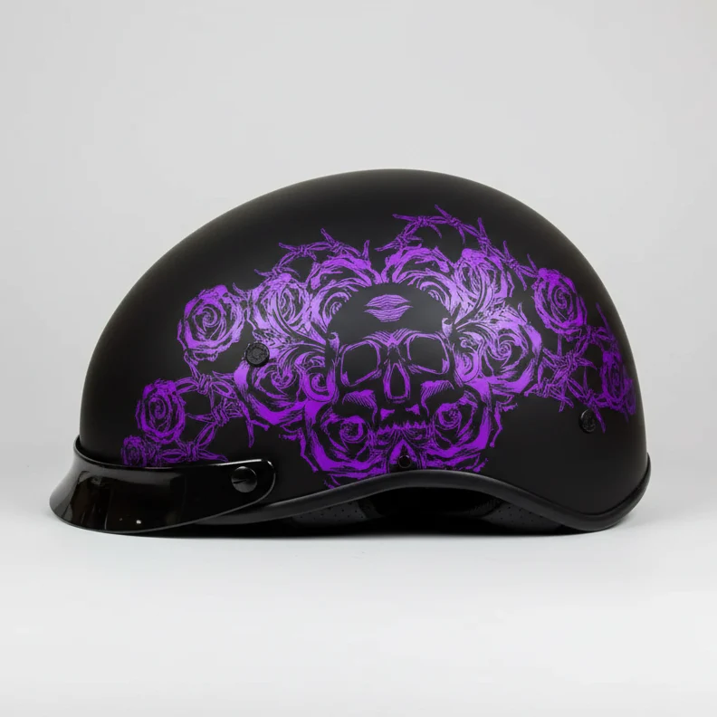 VOSS 707FRP Black Skull and Rose Half Helmet with Peak - Image 5