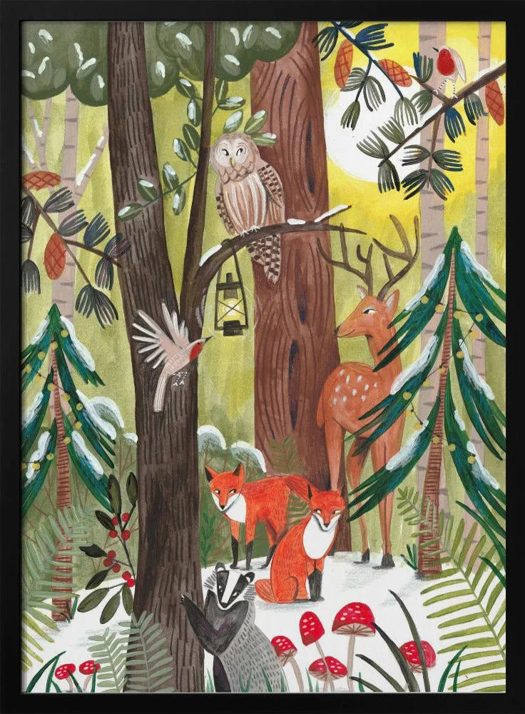 Wall art Green Christmas forest with animals Canvas Print - Image 3