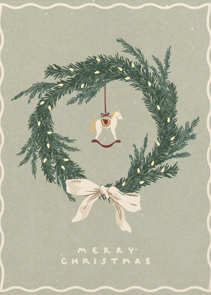 Wall art Horses Toy on Christmas wreath with bow Canvas Print - Image 2