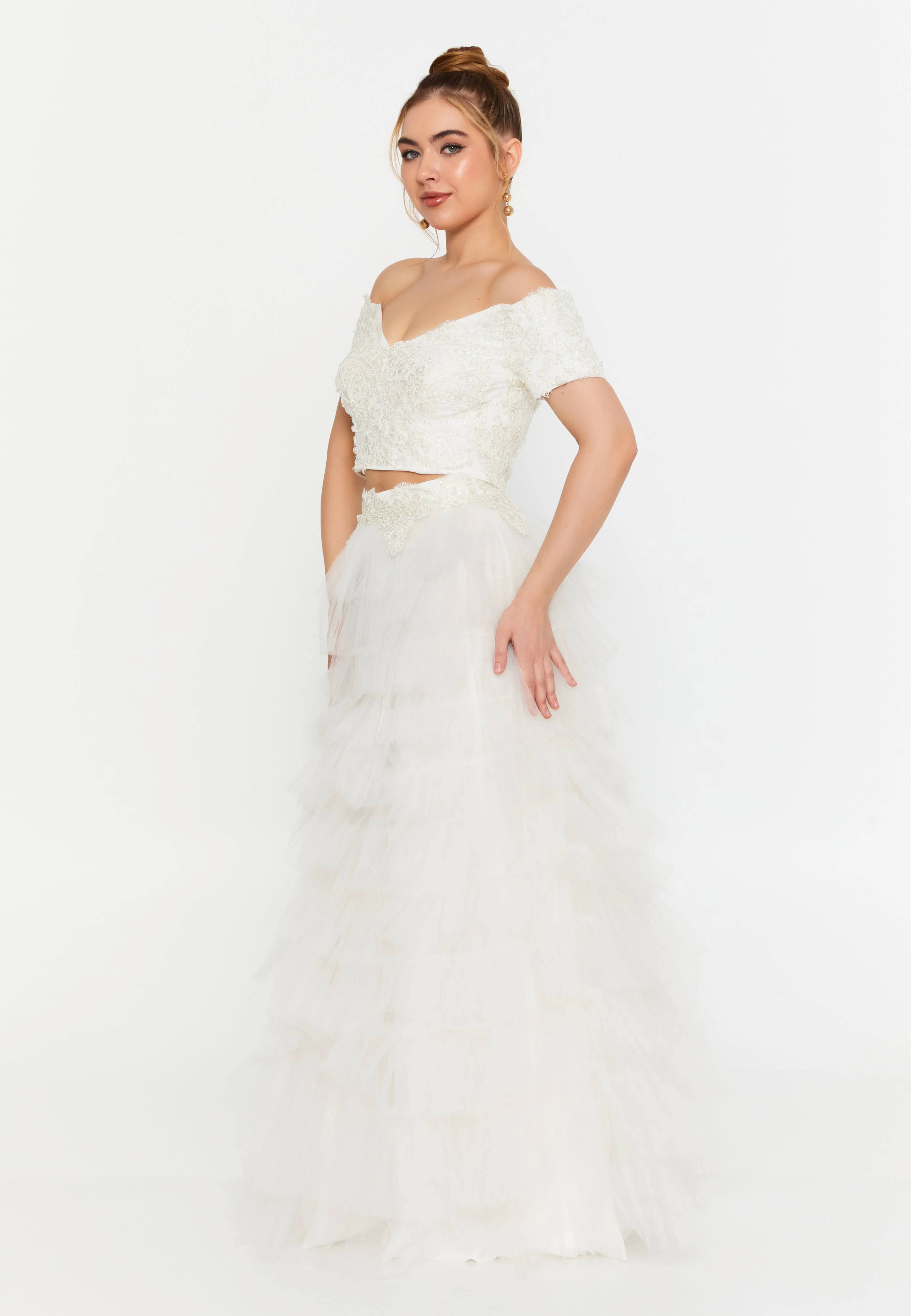 White Two-Piece Bridal Lace & Tulle Set - Image 3