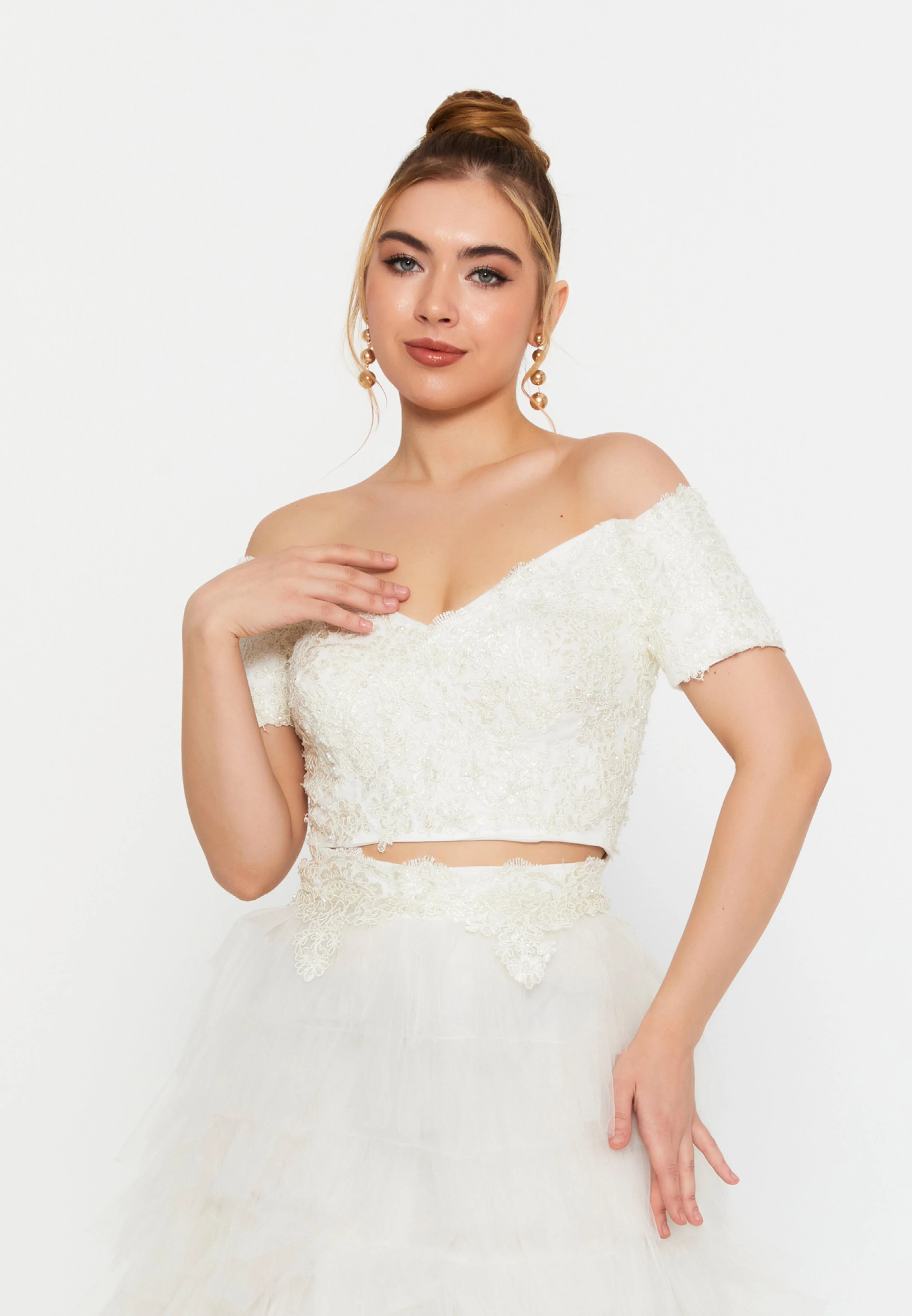 White Two-Piece Bridal Lace & Tulle Set - Image 4