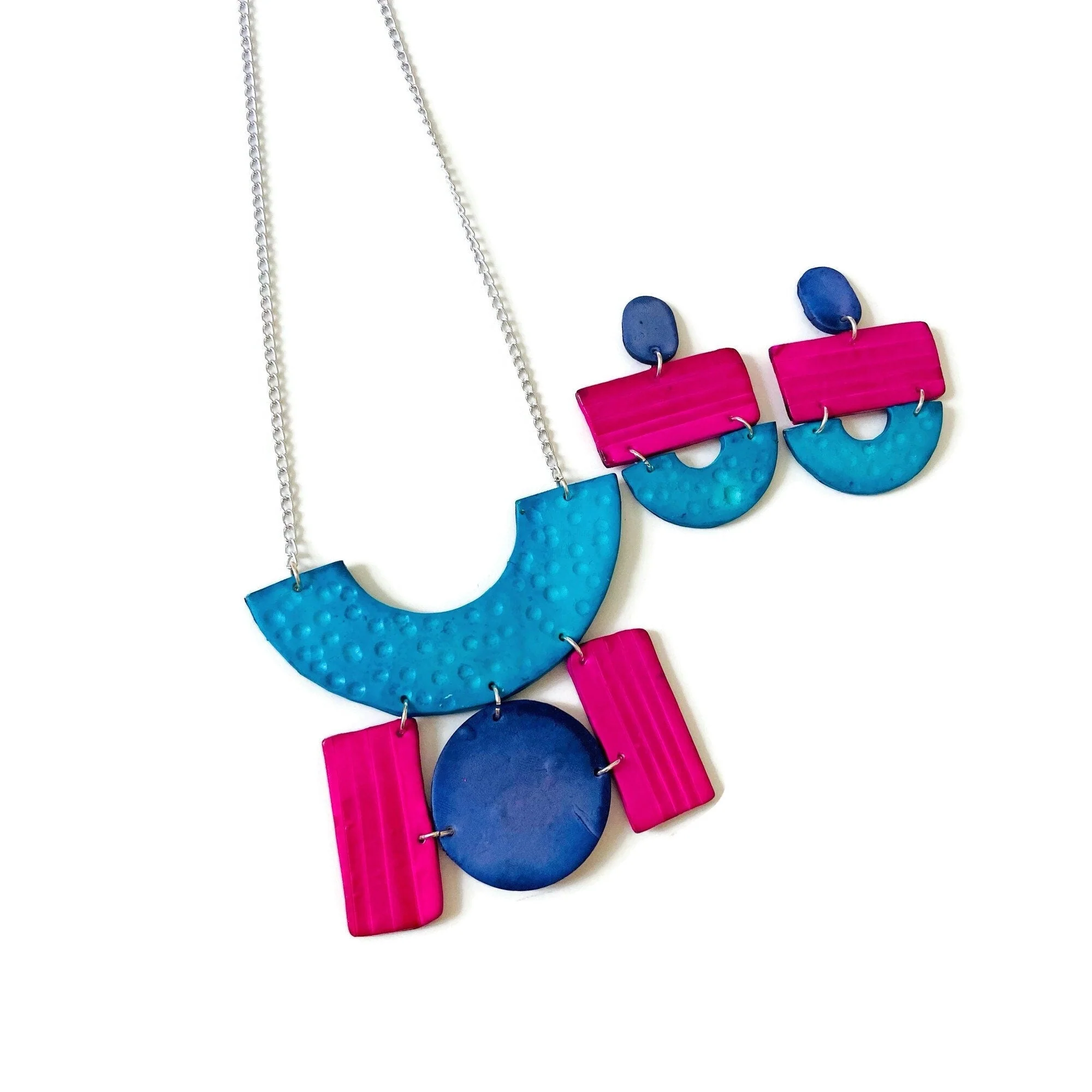 Wide Statement Earrings in Turquoise, Denim Blue & Pink - Image 2