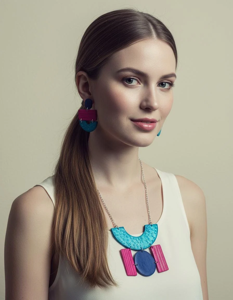 Wide Statement Earrings in Turquoise, Denim Blue & Pink - Image 3
