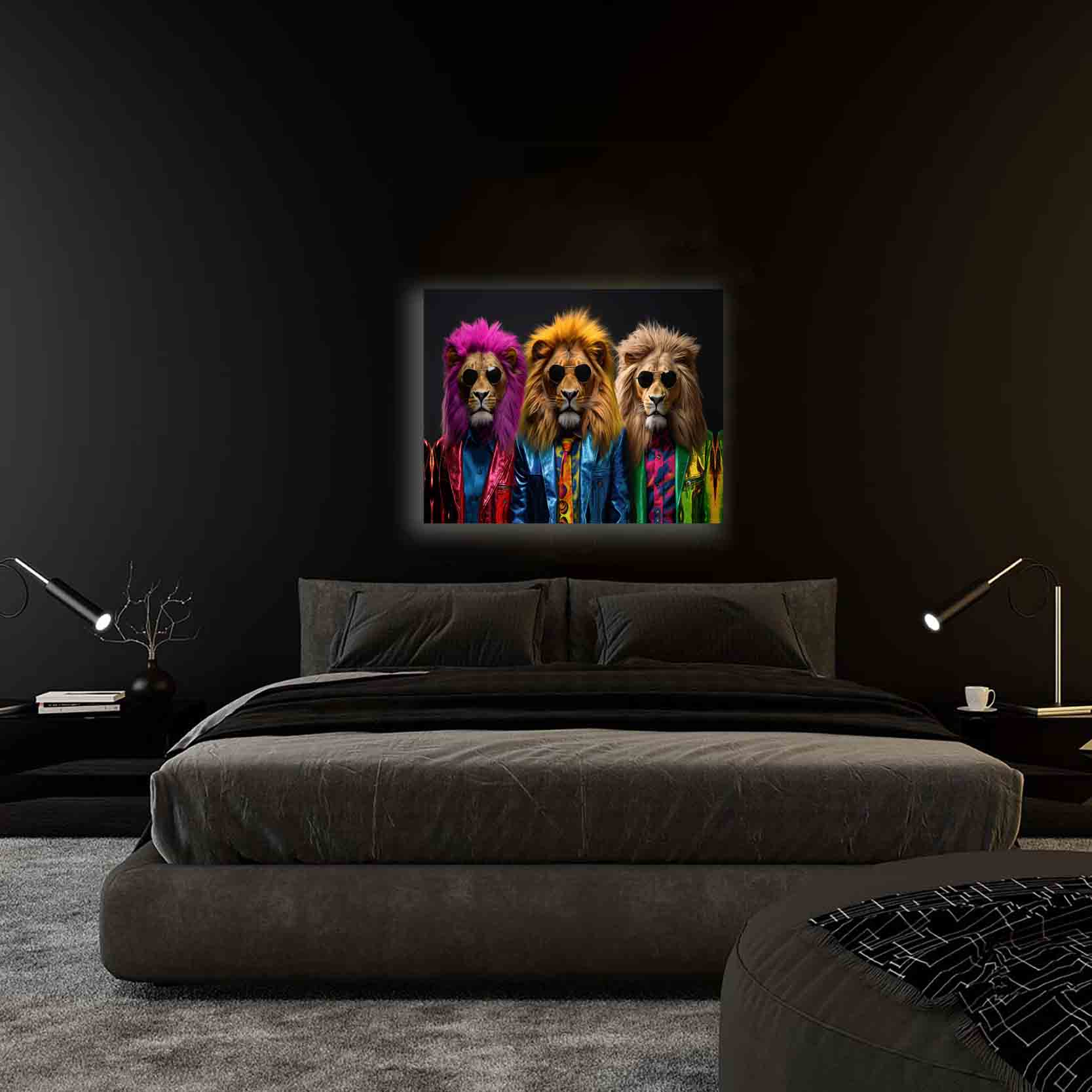 Wildlife Wall Art-The three cool lions-Canvas Print-Gold Varnish - Image 3