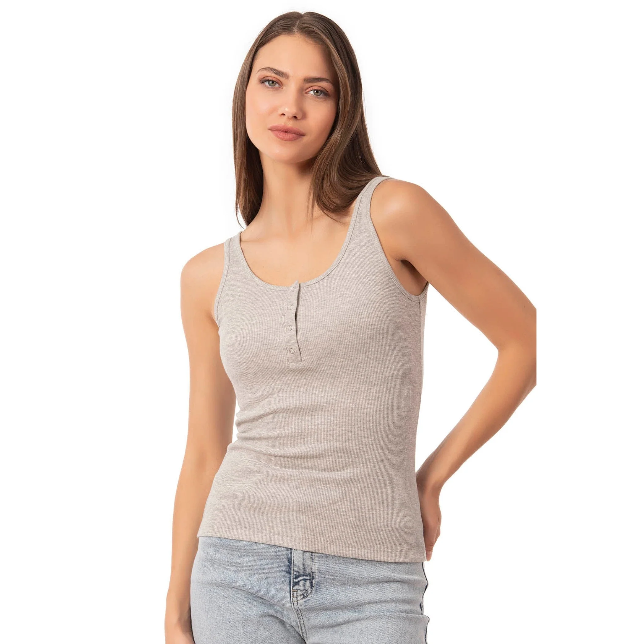 Women’s Ribbed Cotton Tank Top with Snap-Button Detail - Image 4